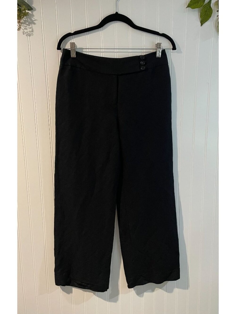 Ann Taylor Loft Black Wide-Leg Linen Blend Pants Size 4 With Button Detail